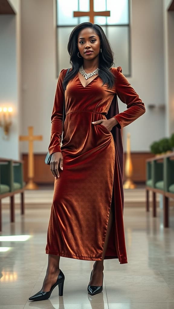 A woman in a luxurious velvet midi dress with a side slit, standing confidently in a church setting.