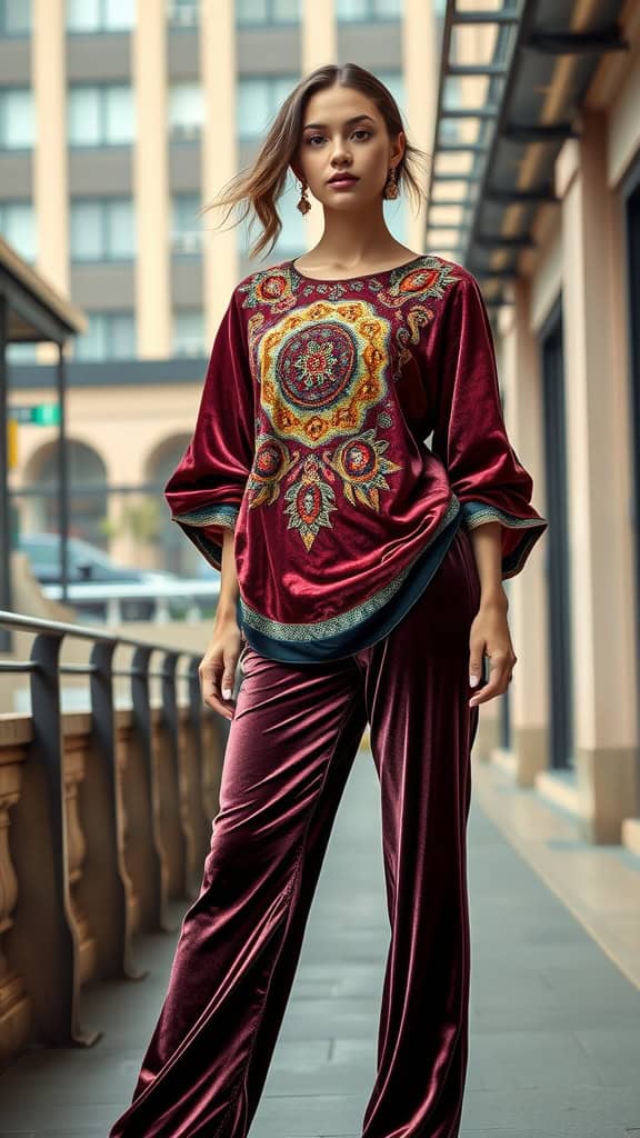 Model wearing velvet pants and an embellished tunic, showcasing a bold modest formal outfit.