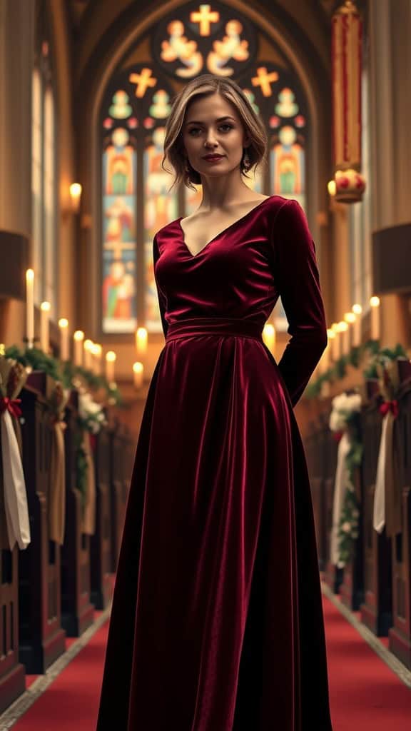 A stylish girl wearing a burgundy velvet dress in a serene church setting, showcasing modesty and elegance.