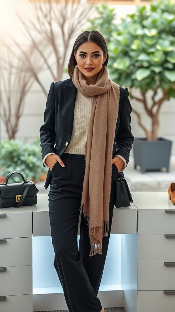 Woman wearing a black blazer, black slacks, a knit sweater, and a scarf, standing in a modern office setting.