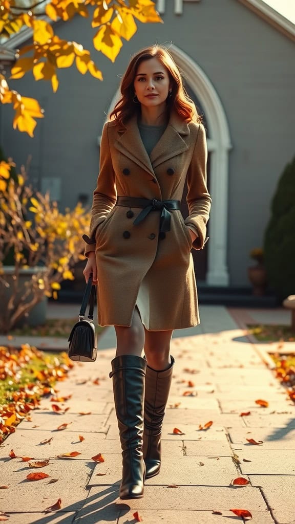 A woman wearing a stylish coat dress with tights and knee-high boots, walking outside among autumn leaves.