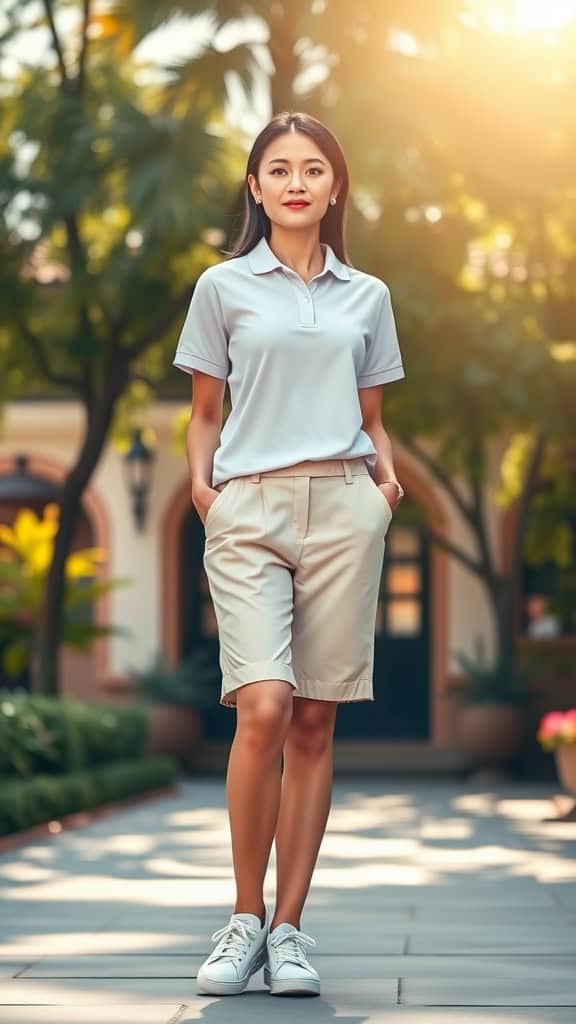 A woman wearing a light polo top and Bermuda shorts with white trainers, walking in a sunny outdoor setting.