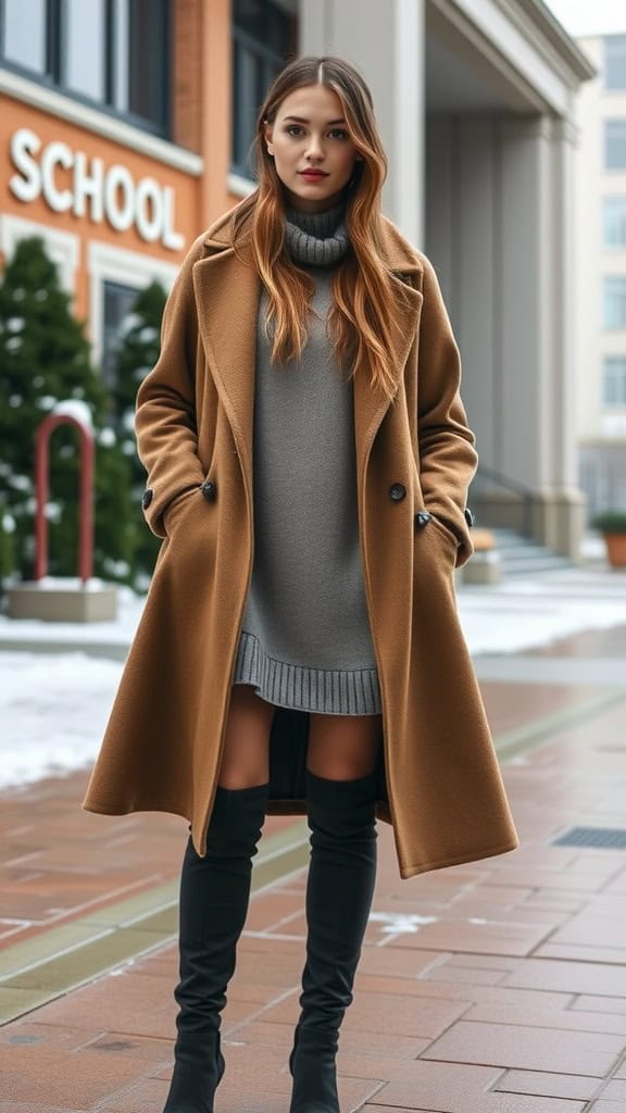 A young woman sitting outdoors in a cozy winter outfit featuring a wool coat, a sweater dress, and knee-high boots.