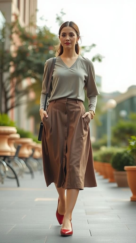 Woman walking in a stylish outfit featuring a midi skirt, tucked-in tee, and ballet flats.