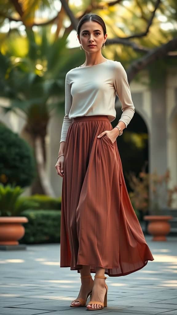 Woman in a maxi skirt and plain top, enjoying a sunny outdoor setting