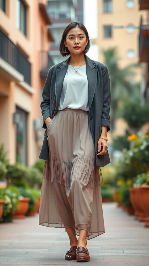 A woman wearing a midi skirt, tee, and oversized blazer, showcasing a modest smart casual outfit in an urban setting.