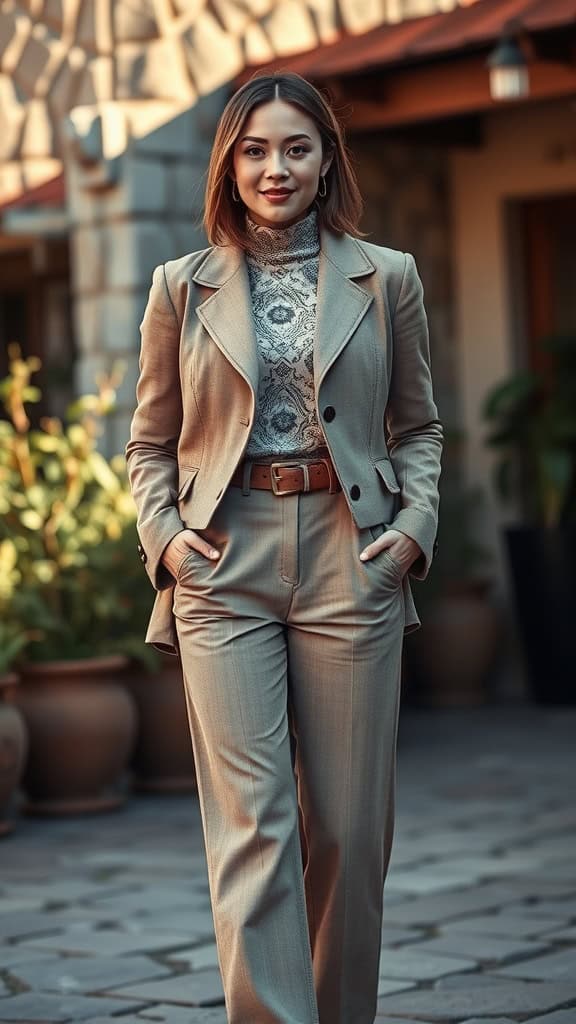 A woman in a stylish western-style jacket and straight-leg pants, exuding confidence and elegance.