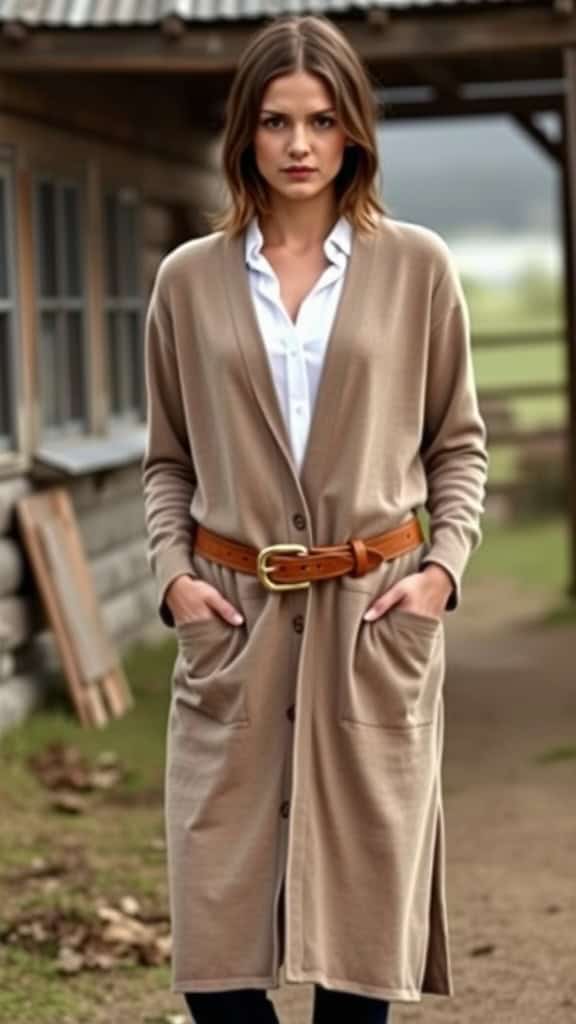 A woman wearing a long beige cardigan with a belt, standing outdoors.