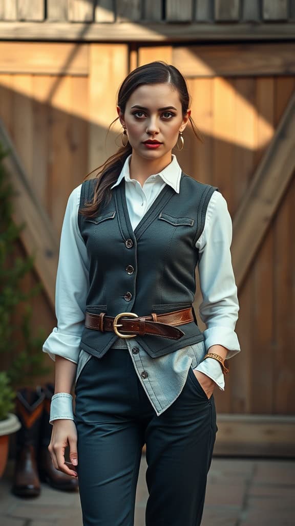 A woman wearing a tailored vest over a white long-sleeve shirt with a stylish belt, set against a rustic wooden backdrop.