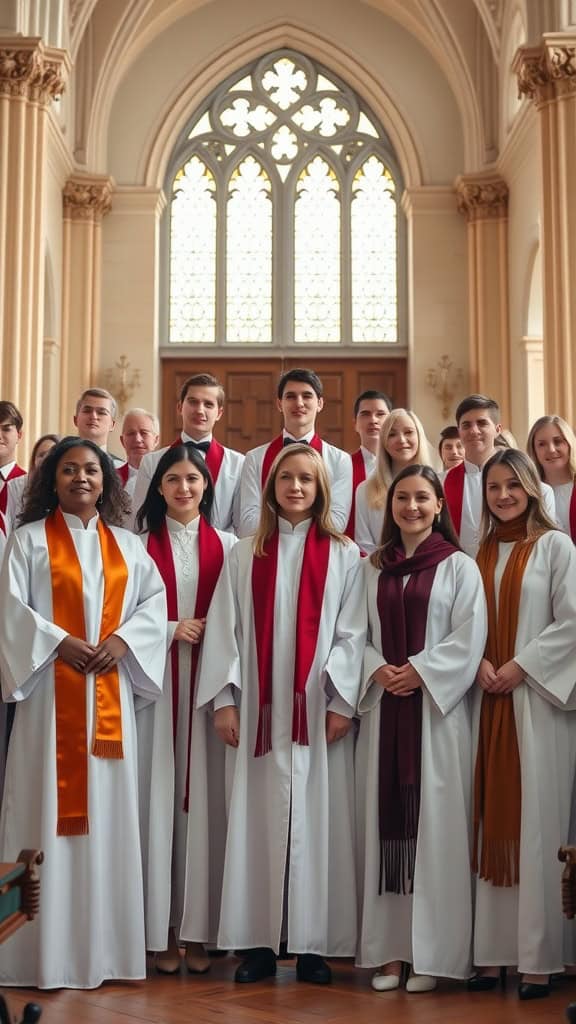 A group of choir members wearing white robes with colored stoles, posing together in a church setting.