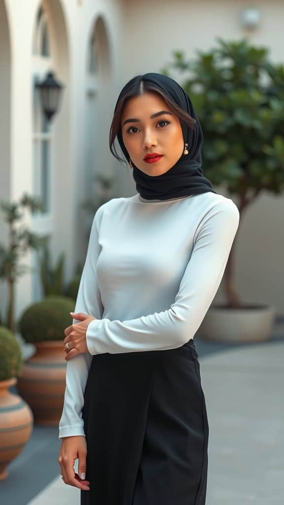 A woman wearing a white turtleneck layered under a black sleeveless modest dress, exuding elegance and style.