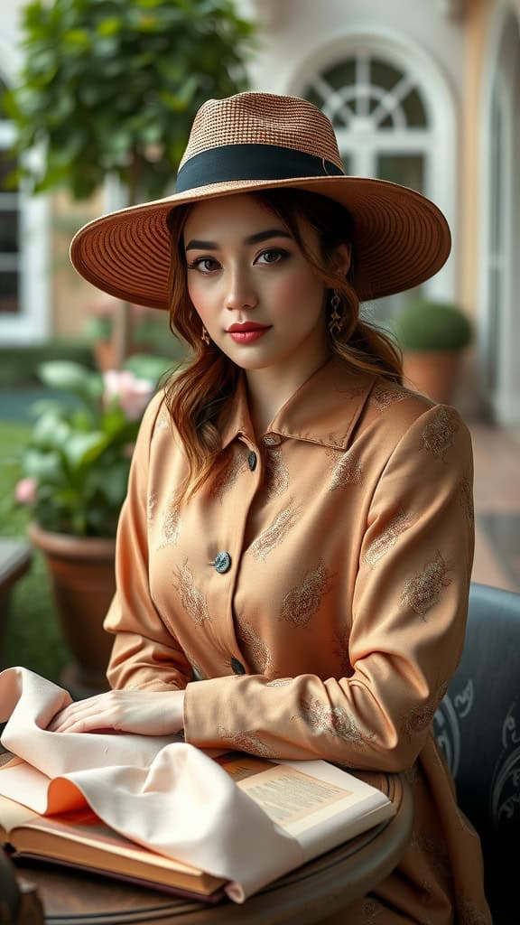 A woman wearing a wide-brim hat and a satin coat, sitting at a table with an open book, exuding a modest old money aesthetic.