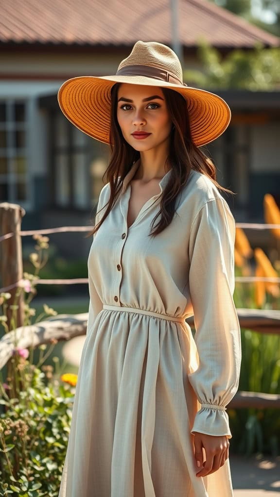 A woman wearing a wide-brim hat and a long-sleeve linen dress, standing outdoors with plants in the background.