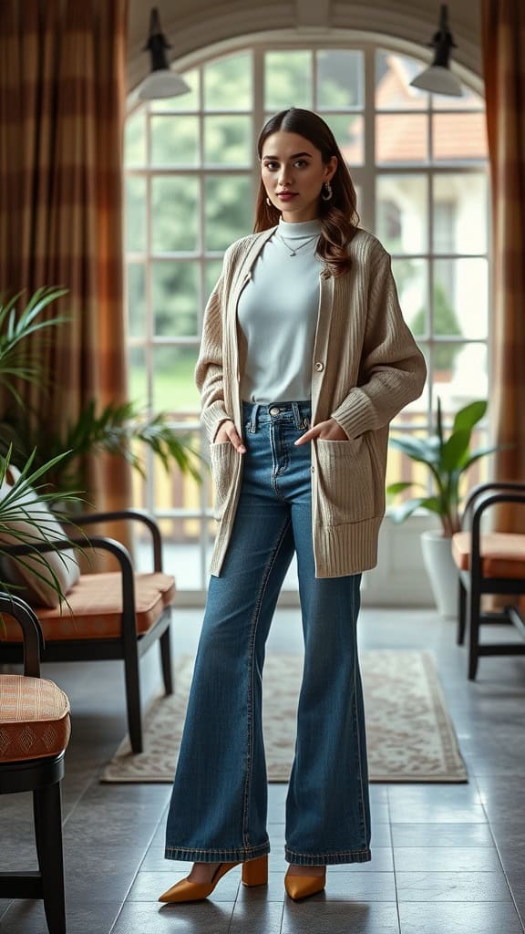 A woman wearing wide-leg jeans and a cozy cardigan, posing in a stylish indoor setting.