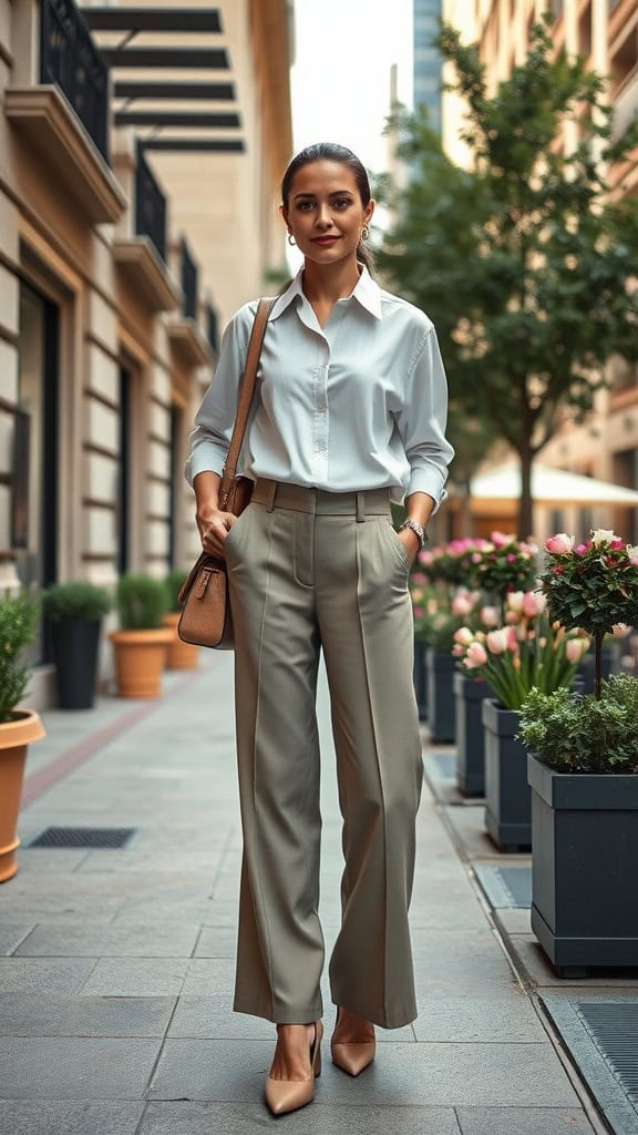 Woman wearing wide-leg pants and a button-up shirt, standing in a city setting with flowers in the background.