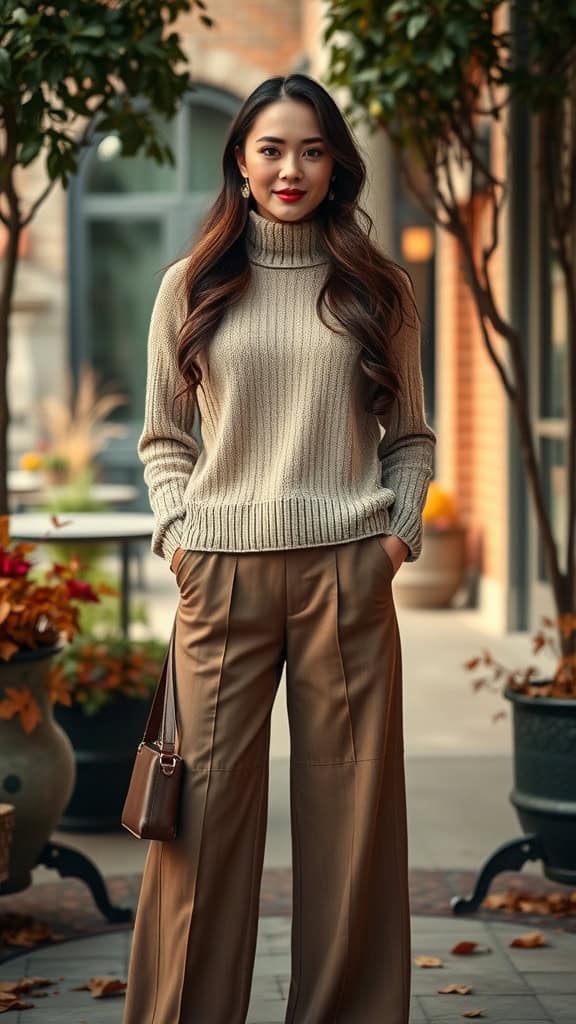 A woman wearing wide-leg pants and a knit sweater, showcasing a cozy and chic outfit.