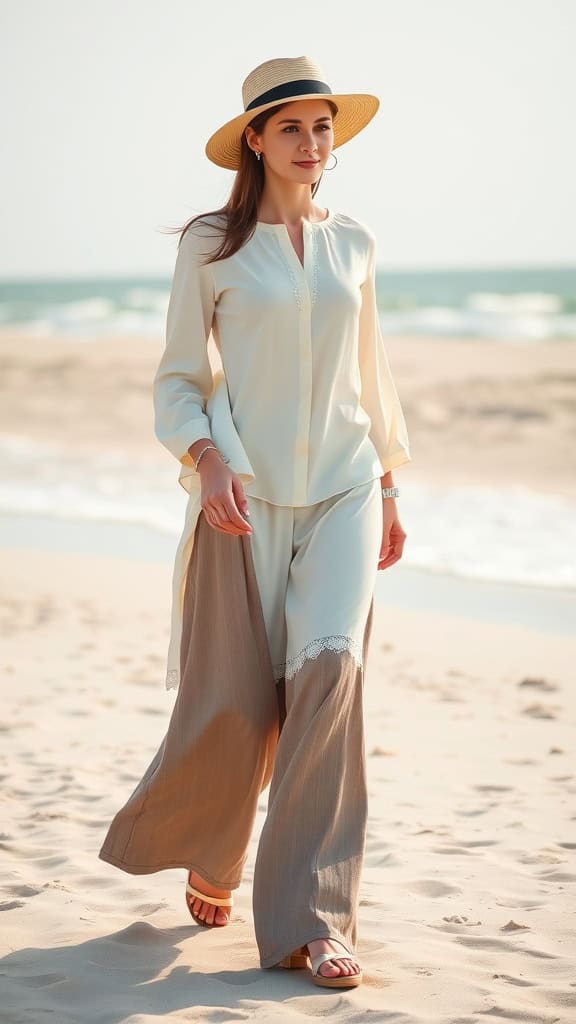 A woman wearing wide-leg pants and a tunic, walking along the beach with a straw hat.