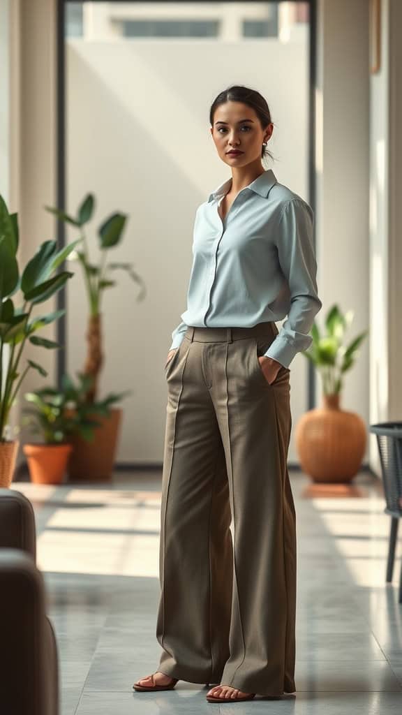 A woman in wide-leg pants and a tucked-in shirt, posing in a modern office setting.