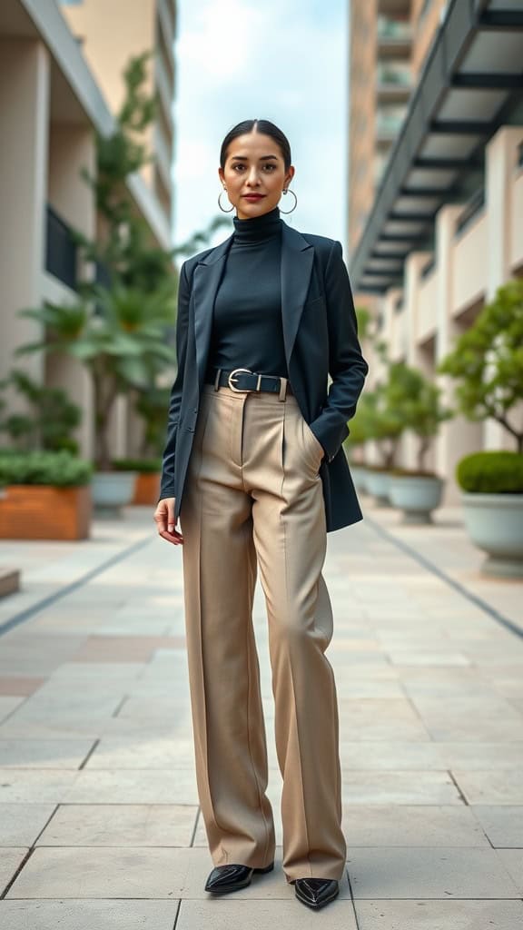 A woman in a black turtleneck and beige wide-leg trousers, standing confidently in a modern setting.