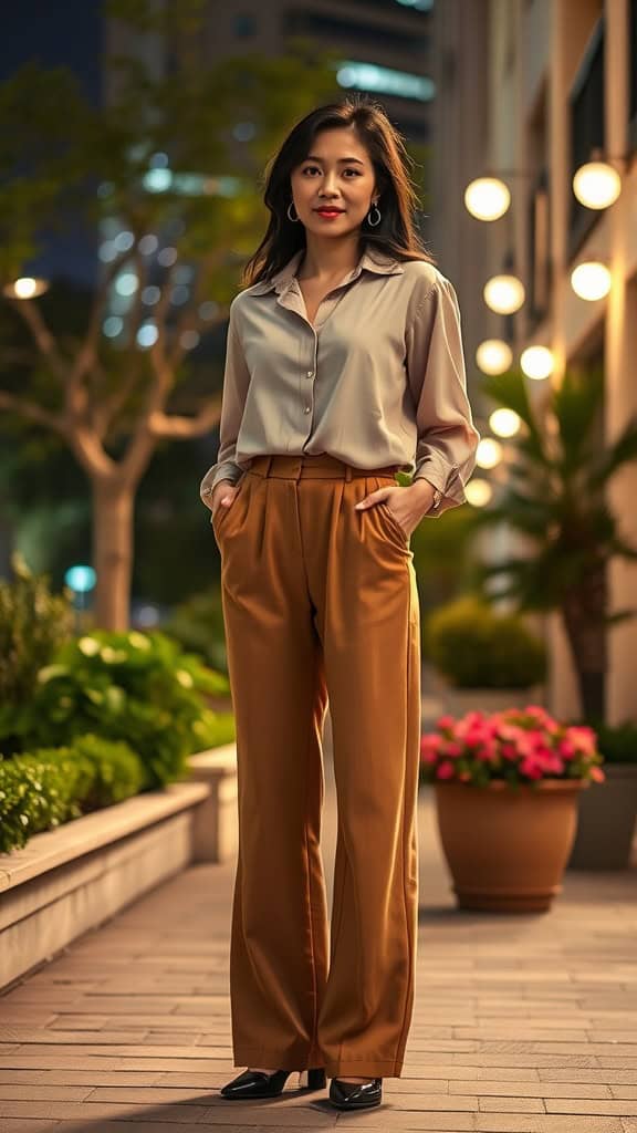 A woman in wide-leg trousers and a tucked blouse stands in an urban setting at night, surrounded by glowing lights and greenery.