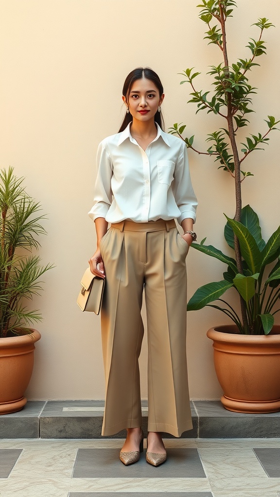 A woman wearing wide-leg trousers and a button-up shirt, standing next to potted plants.