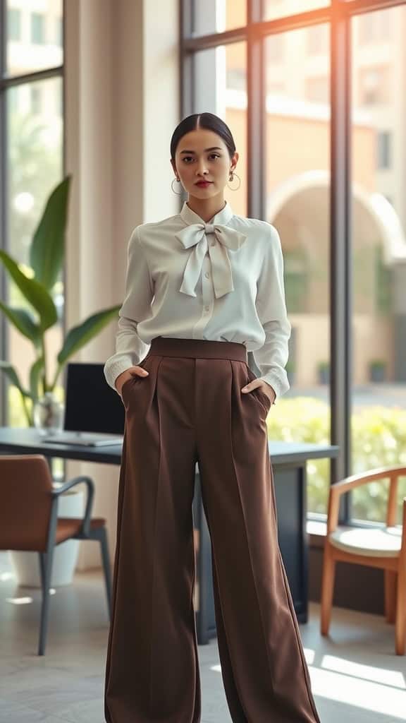 A woman in wide-leg trousers and a bow-tie blouse in a modern office setting.