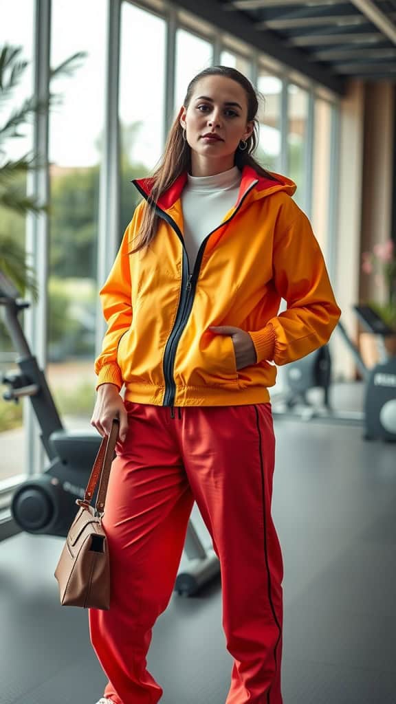 A woman dressed in a vibrant windbreaker and matching joggers, embodying a bold and modest gym outfit.