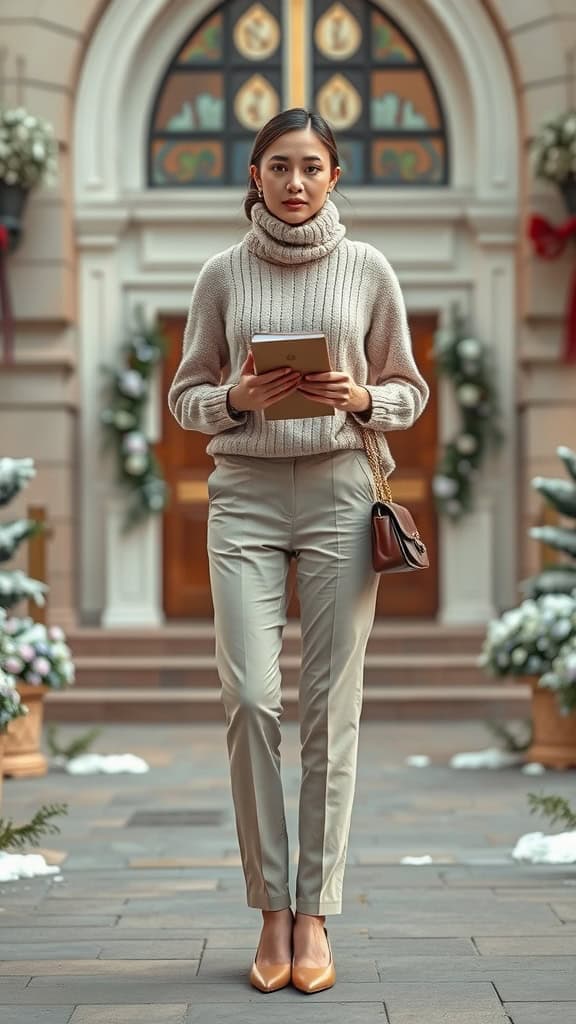 A woman wearing a cozy pastel sweater and neutral trousers, standing outside a beautifully decorated church entrance.