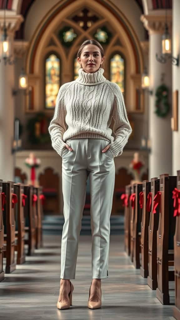 A woman in a white sweater and tailored trousers stands in a church aisle.