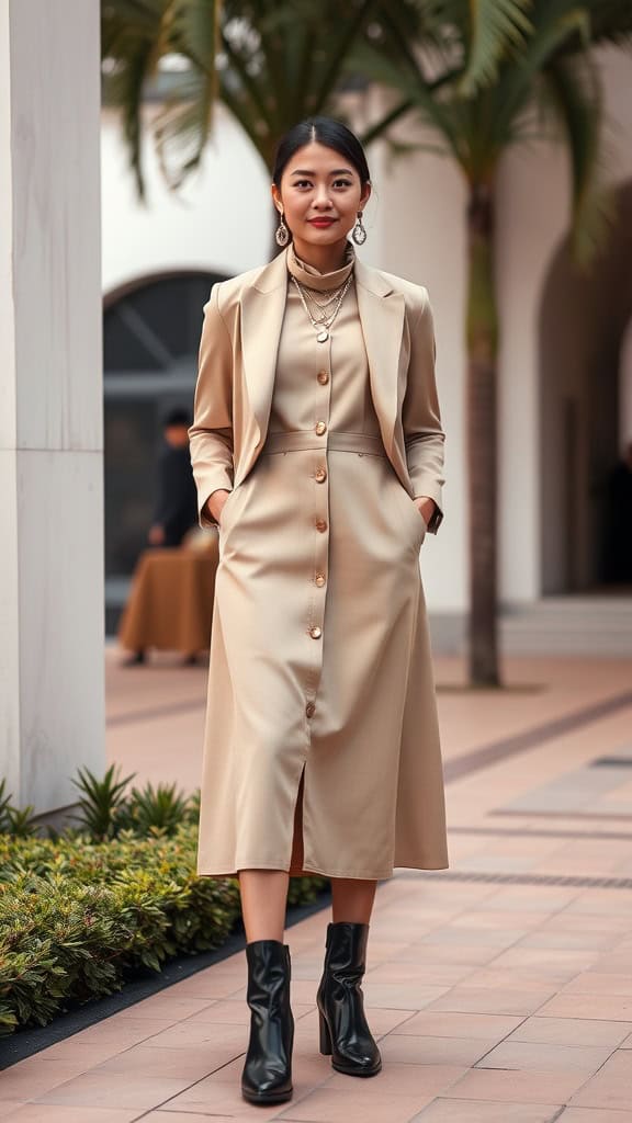 A woman wearing a beige midi dress with a blazer and ankle boots, styled for a smart casual look.