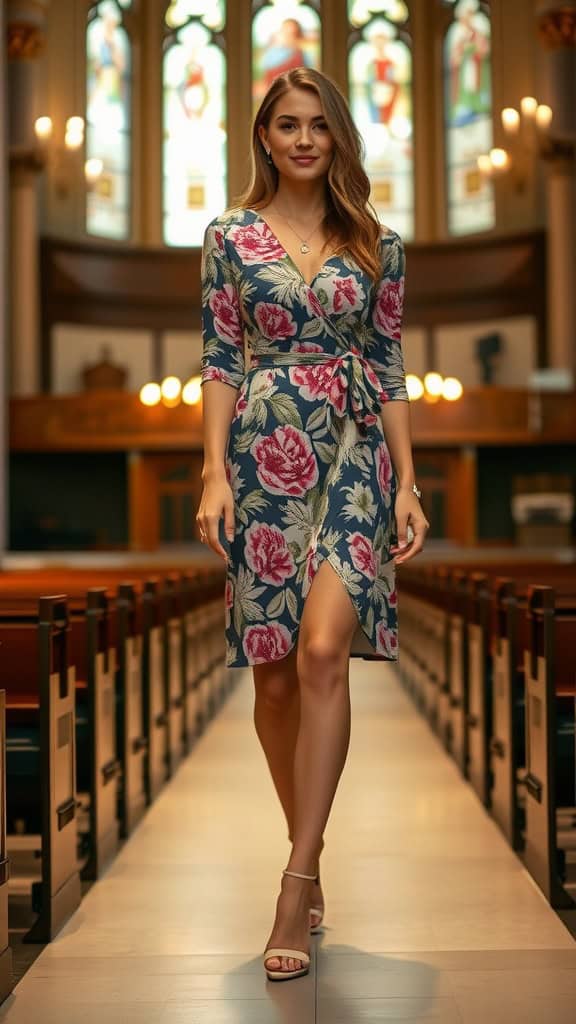 A printed wrap dress displayed on a mannequin inside a church, featuring a simple pendant and strappy heels.