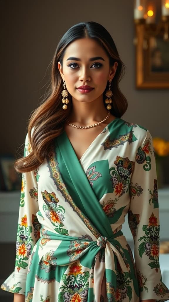 A model wearing a modest wrap dress with a headscarf, standing in front of various dresses on mannequins.