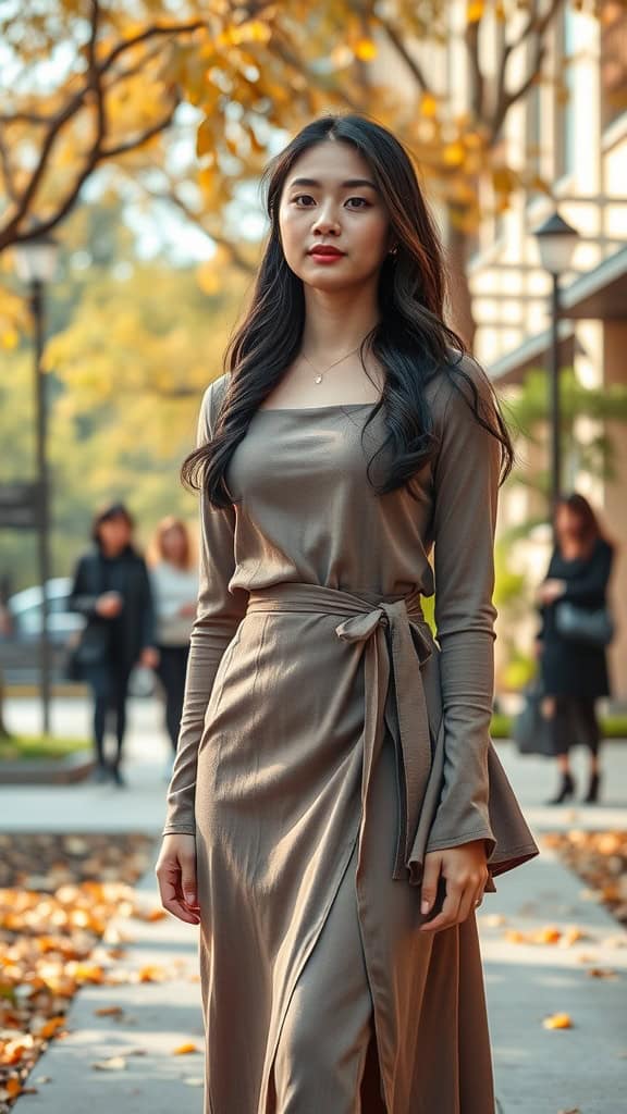 A young woman wearing a long-sleeve top and wrap skirt walking on a university campus during autumn.