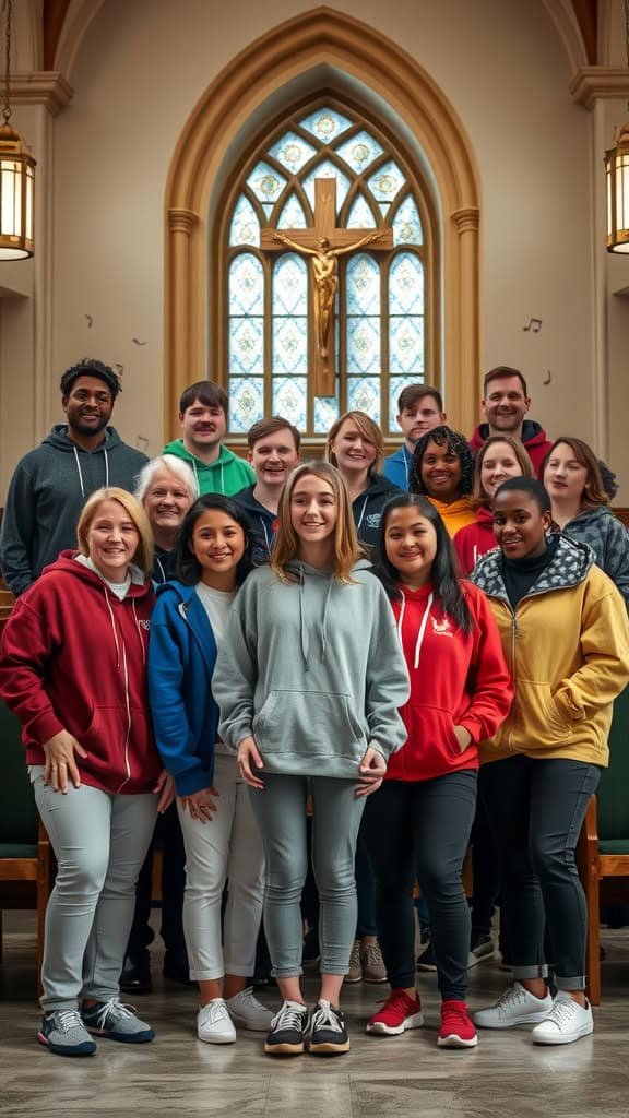 A group of youth choir members wearing colorful customized hoodies in a church setting.